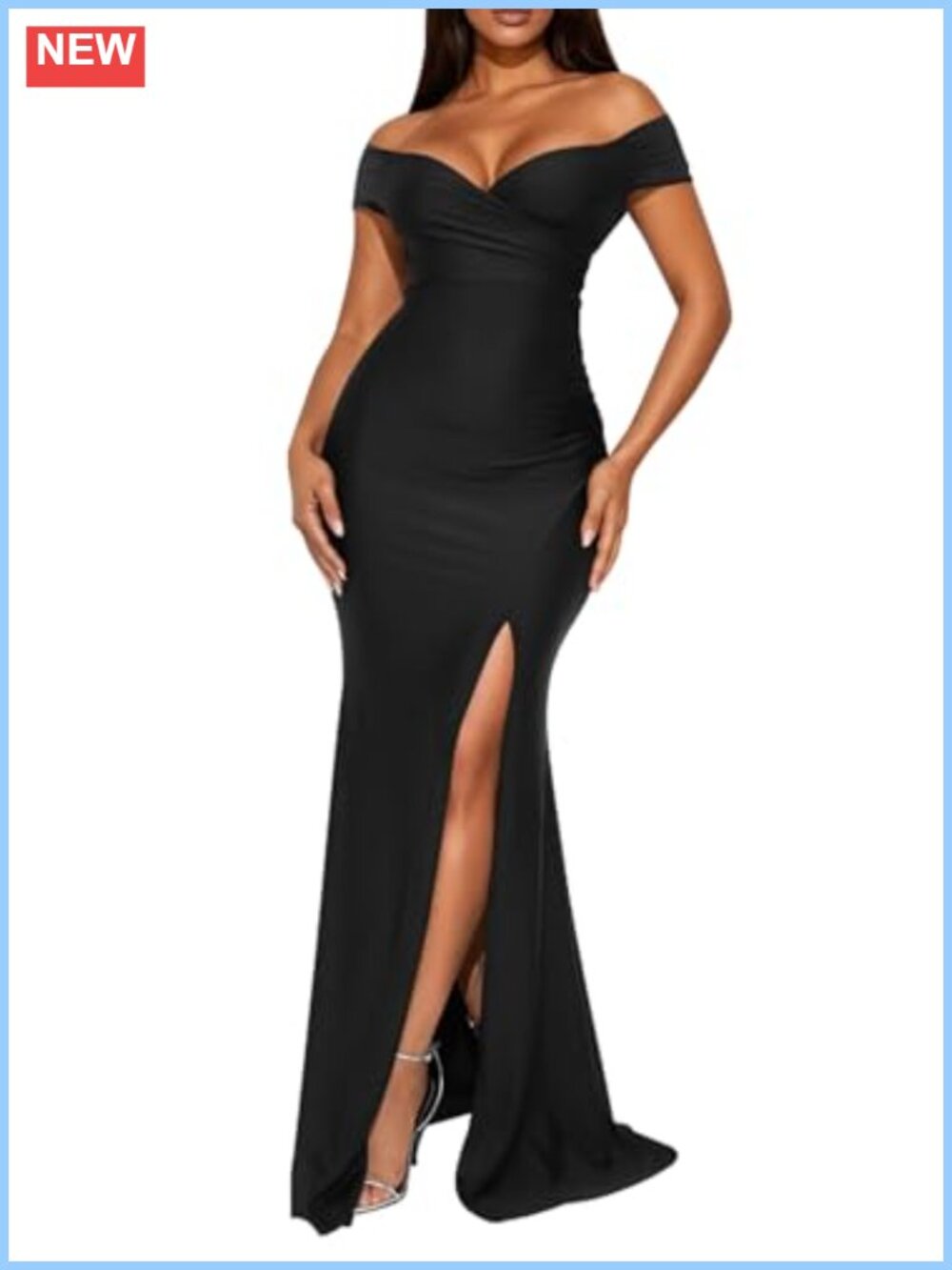 Sexy V Neck Off Shoulder High Split Ruched Mermaid Cocktail Maxi Dress